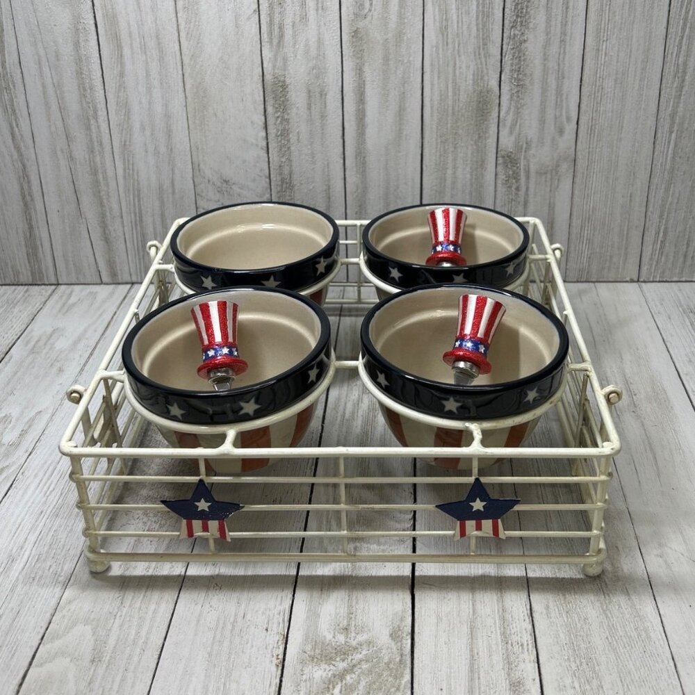 Vtg Patriotic 4th Of July Ltd 4 Condiments Server Cups with Holder and 3 Picks